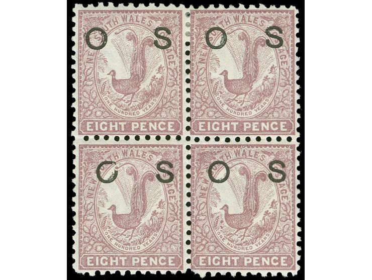 1888-90, 8 d. lilac-rose, overprinted "OS" in black, wmk. Crown over NSW, block of four showing different spaced overprint an