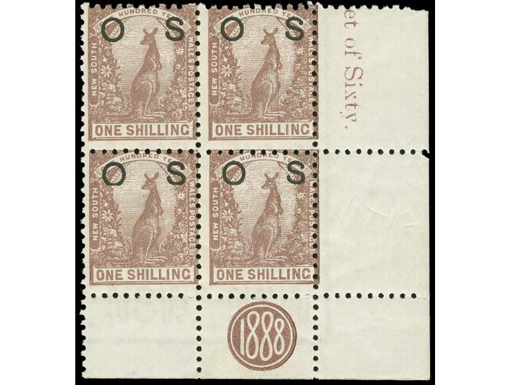 1888-90, 1 s. maroon, overprinted "OS" in black, wmk. Crown over NSW, block of four, right bottom margin showing imprint “188