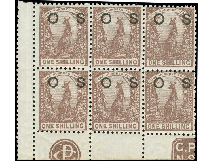 1888-90, 1 s. purple-brown, overprinted "OS" in black, wmk. Crown over NSW, block of six, left bottom margin showing imprint 