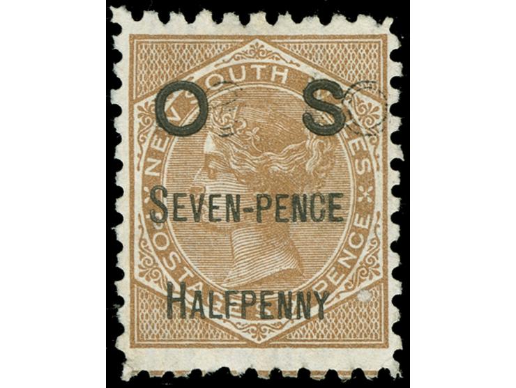 1891, 7½ on 6 d. brown, overprinted "OS" in black, wmk. Crown over NSW, perf. 11x12, extra partial reversed impression of the