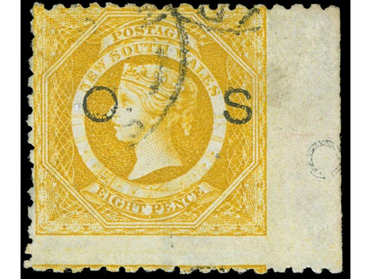 1882-85, 8 d. yellow, overprinted "OS" in black, wmk. Crown over NSW, perf. 10,, imperforate between stamp and right margin, 