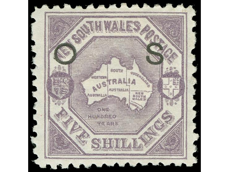 1890, Map 5 s. mauve, wmk. 5 / NSW, perf. 10, overprinted "OS" in black, unused, well centred and of fine colour, large part 