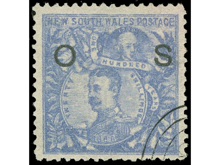 1891, Captain Philip 20 s. cobalt-blue, wmk. 20, perf. 10, overprinted "OS" in black, a used example of excellent deep colour