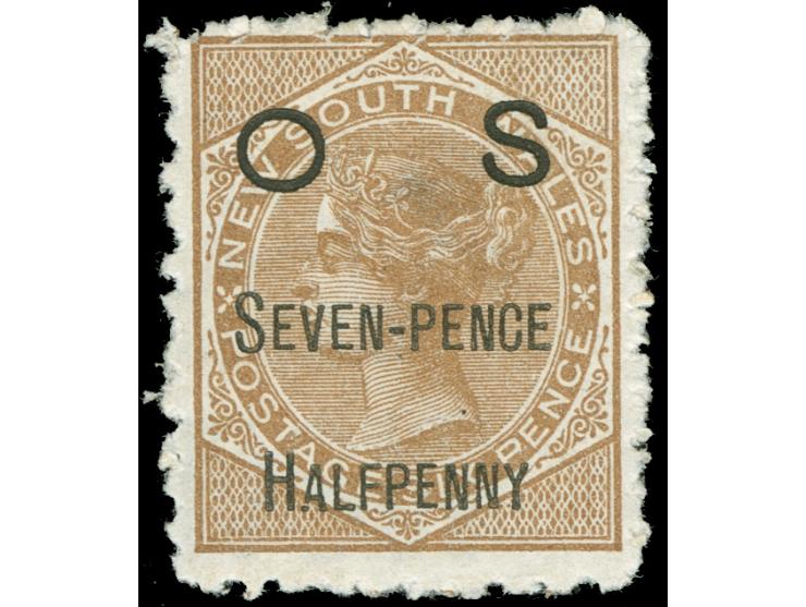 1891, 7½ d. on 6 d. brown, wmk. Crown over NSW, perf. 10, overprinted "OS" in black (7 mm. spacing), showing variety "O" of "