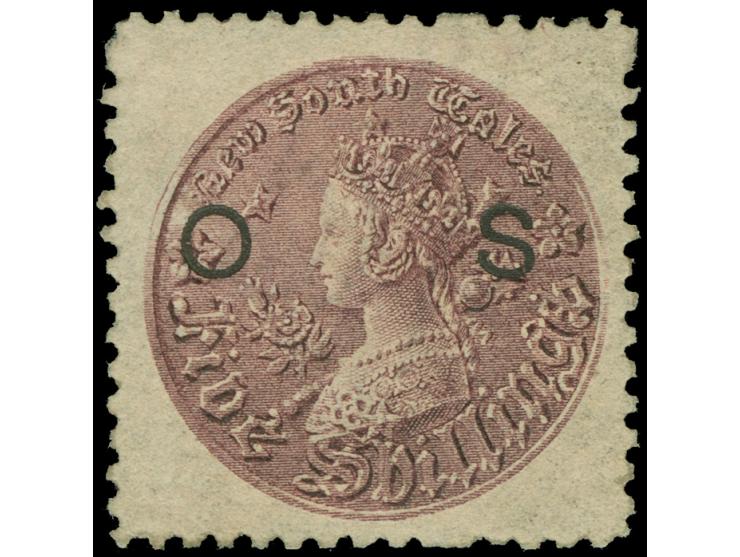 1880/88: 5 s. rose-lilac, wmk. "5/-", perf. 12x10, overprinted "OS" in black (12 mm. spacing), unused regummed, well centred,