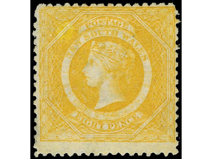 1860-72, 8 d. bright yellow, watermark “8”, rough perf. 13, fresh colour, unused no gum, fine SG £ 550
