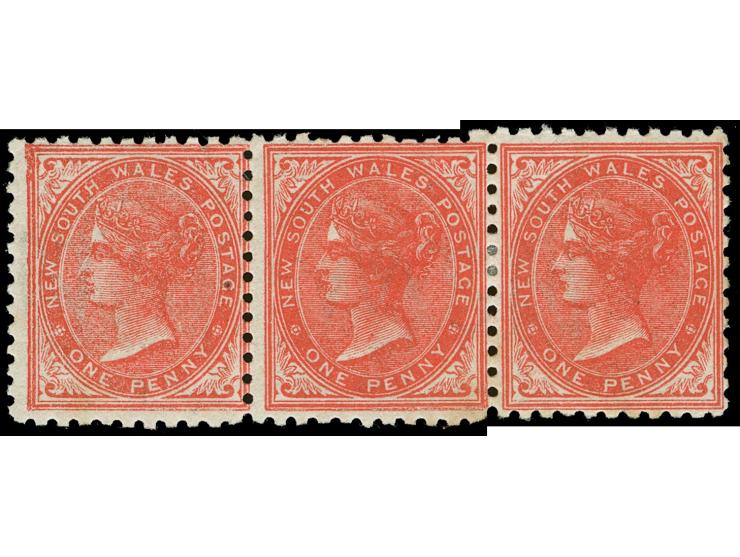1886-87, 1 d. scarlet, watermark "NSW", perf. 11x12 horizontal strip of three showing comb stroke, unused, left stamp mint ne