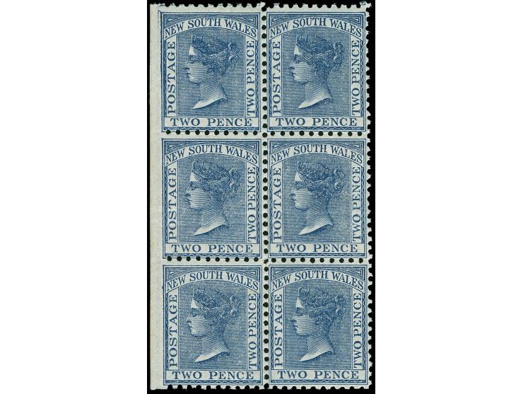 1886-87, 2 d. deep blue, watermark "NSW", perf. 11x12, vertical left margin block of six, mint never hinged, light horizontal