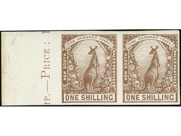 1899, Roo 1 s. purple-brown on chalk surfaced paper, wmk. Crown over NSW, an unused horizontal pair, sheet marginal at left w