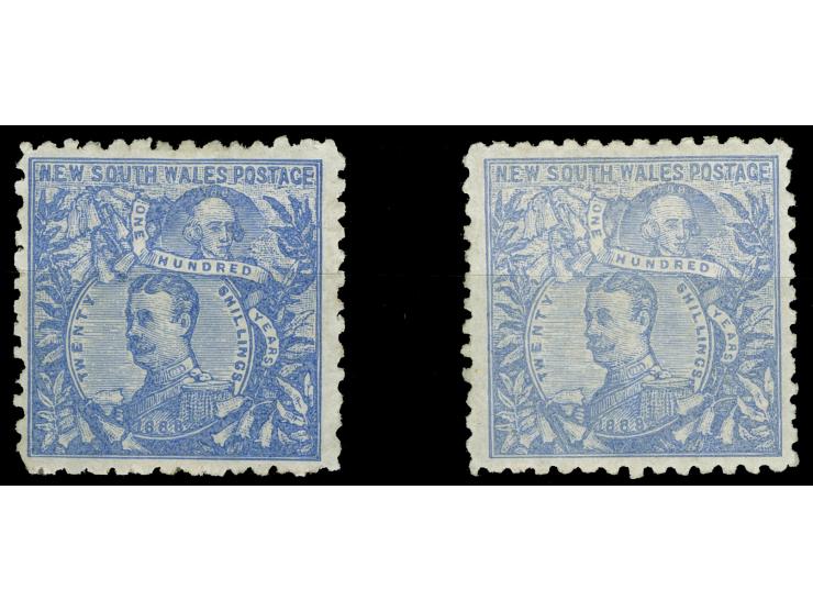 1890, Arthur Philip 20 s. cobalt-blue, wmk. "20 / NSW", perf. 10 (SG unrecorded), two unused examples in pale and deep shades