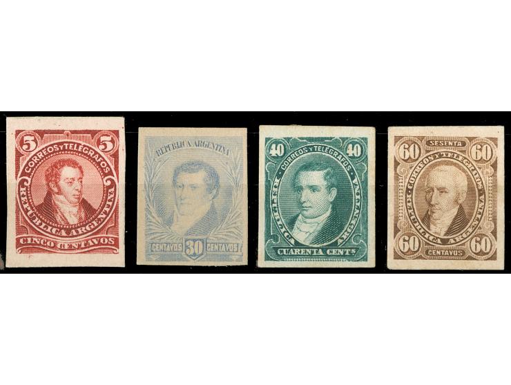 1888/98, 5 c., 30 c., 40 c. and 60 c. proofs on cardboard, unused, imperf, fine
