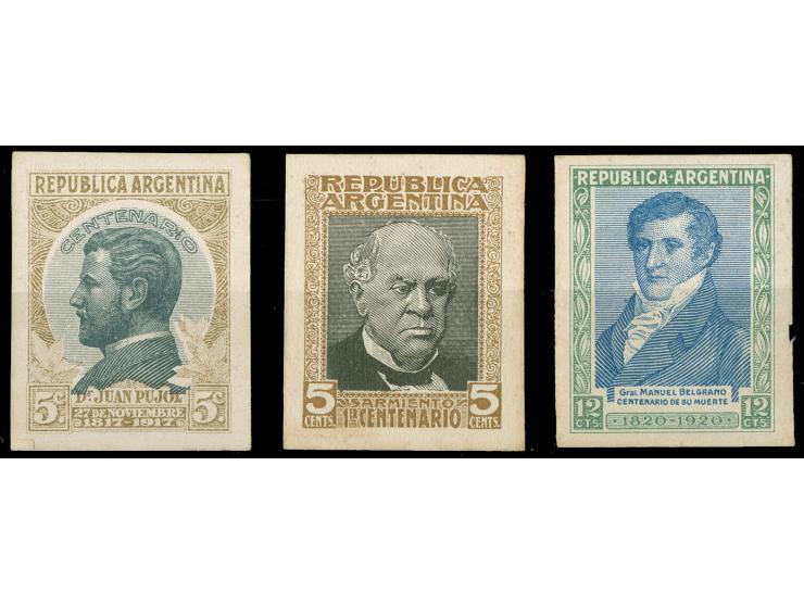 1911/20, 5 c. and 12 c. green blue, three proofs on cardboard, unused, imperf, fine
