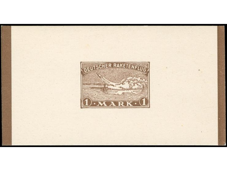 1931, Deutscher Raketenflug 1 Mark in braun, grün, hellblau, drei Einzelabzüge auf Kartonpapier, zwei mit hs. Signatur von Zu