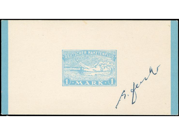 1931, Deutscher Raketenflug 1 Mark in braun, grün, hellblau, drei Einzelabzüge auf Kartonpapier, zwei mit hs. Signatur von Zu