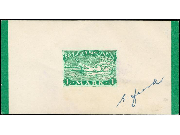 1931, Deutscher Raketenflug 1 Mark in braun, grün, hellblau, drei Einzelabzüge auf Kartonpapier, zwei mit hs. Signatur von Zu