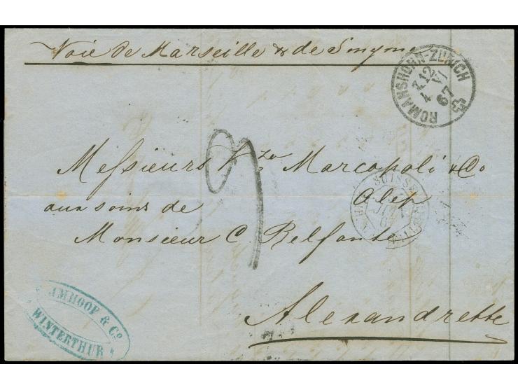 1867, "ROMANSHORN - ZÜRICH 4/6/67" auf markenlosem Faltbrief, nebengesetzter Tax-Stempel "9", hs. "Voie de Marseille &amp; de