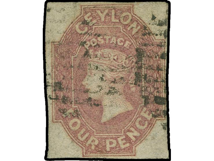 1857-1859, QV 4 d. dull rose, watermark star, white paper, complete to wide margins around, central thin and repaired with to