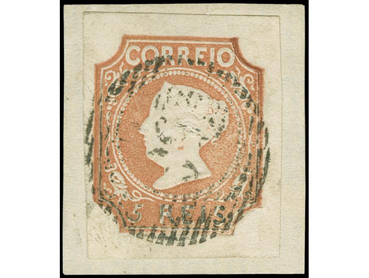 1853, Maria II 5 r. light brown, full to wide margins, clearly cancelled with numeral ‘56’ (BRAGA) on paper backing, colour f