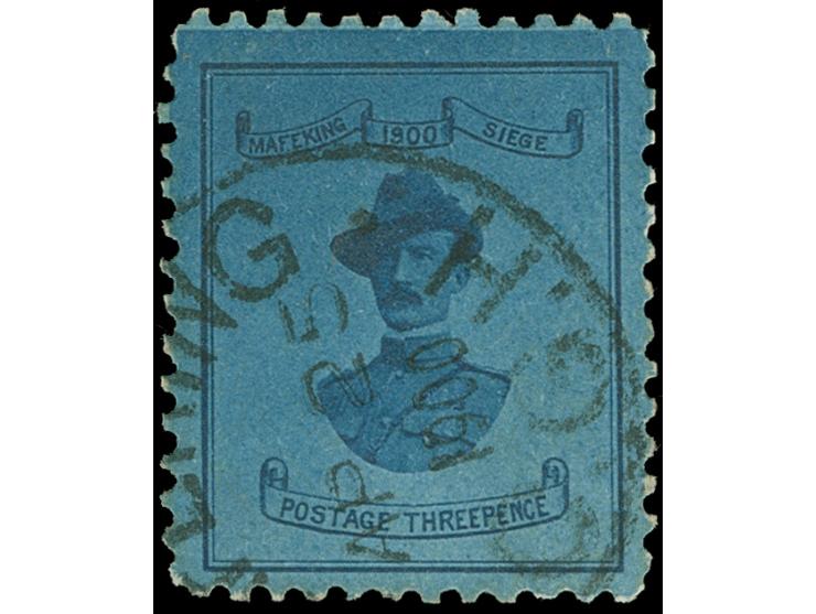 1900, Mafeking Baden-Powell 3 d. blue on blue, 18,5 mm, clear cancelled "MAFEKING, AP 25 1900" by light circular datestamp, w