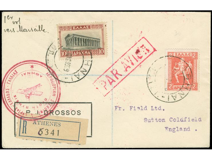 1929, First Flight Athens-Marseille, registered from Athens 10/6, flight cachet in red-violet, on reverse arrival mark BIRMIN