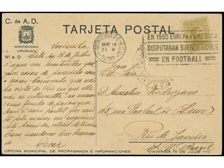 1930, Football World Cup postcard franked by Artigas 1930 3 c. olive tied by Montevideo slogan cancellation "MONTEVIDEO MAY 2