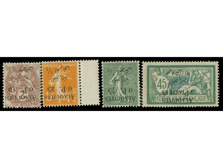 1925, french definitives set of 15 with opt. 'ALAOUITES' and new value incl. four different stamps with INVERTED opt., mostly