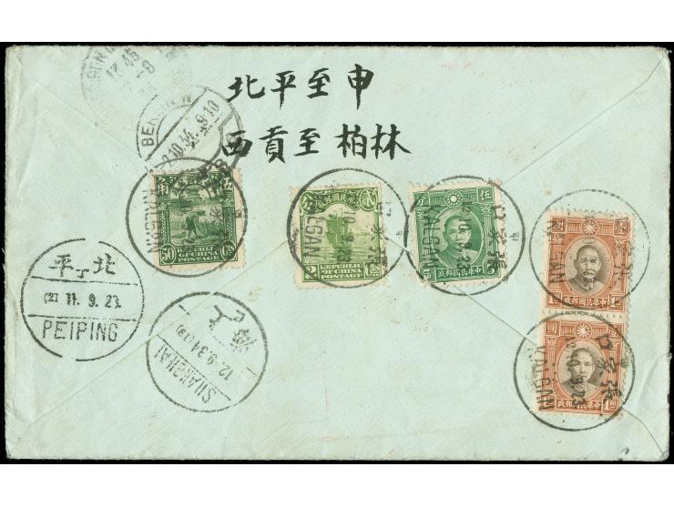 1934, SYS $1 reddish-brown pair, reaper 50 c. deep green, 5 c. green and 2 c. green performing  $2.57 tied by "KALGAN 10.9.23