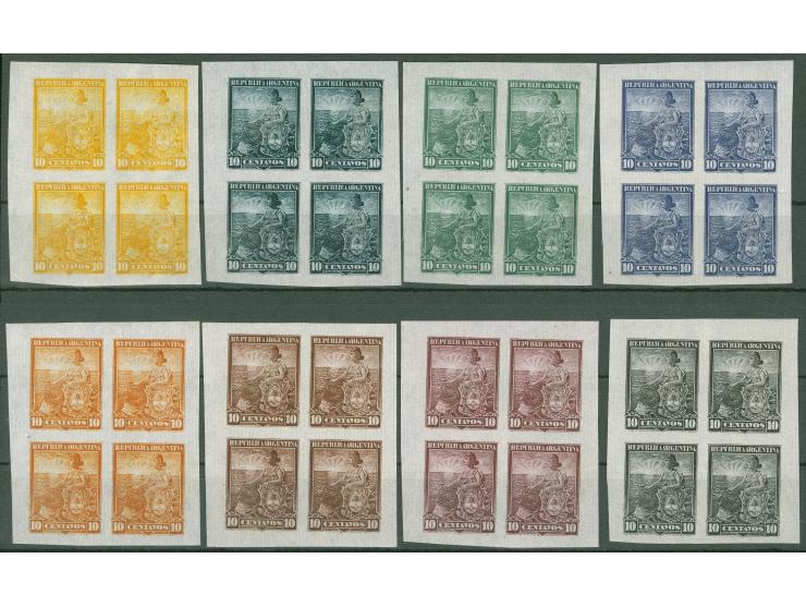 1899/1903, 10 c. Allegory blocks of four, colour trial proofs on India paper, each about 55x45mm, very fine
