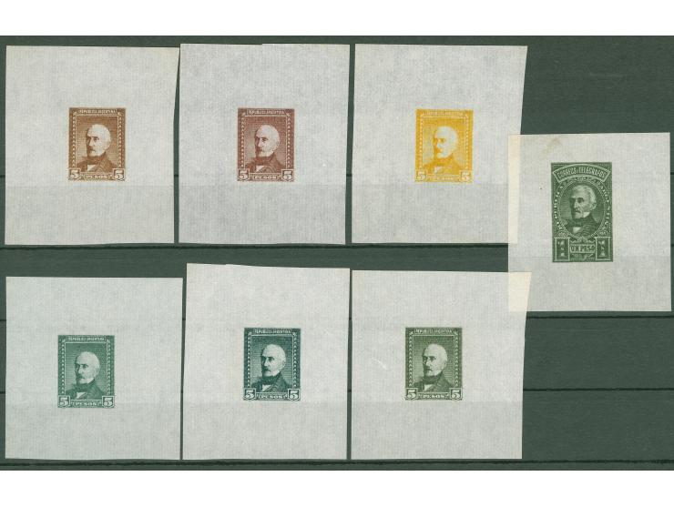 1899/1903, San Martin 1 p. and 5 p., seven single colour trial proofs on India paper, each about 55x45mm, very fine
