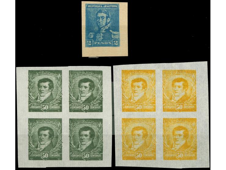 1892, San Martin 2 c. blue on cardboard and two blocks of four, colour trial proofs on India paper, each about 55x45mm, very 