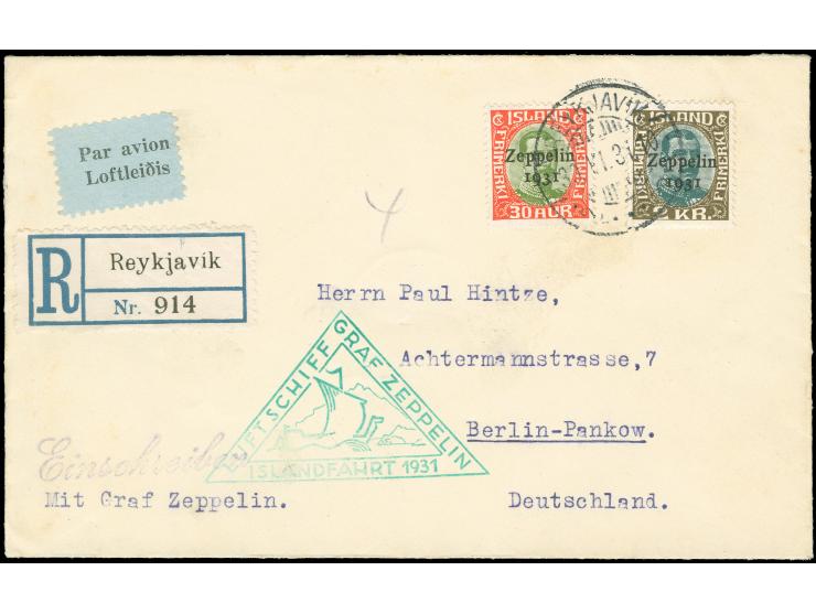 1931, Iceland Return Flight, 2 kr. brown/green and 30 a. red/green tied on registered cover from REYKJAVIK, 30.VI.31, via Fri