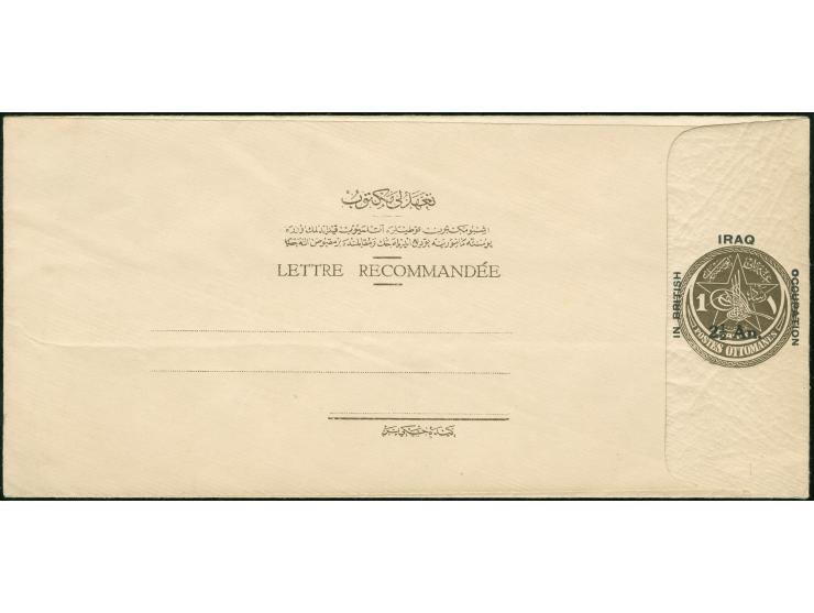 1921,  "IRAQ 2 1/2 An. IN BRITISH OCCUPATION" overprint on 1 Pia. brown on beige postal stationery registered envelope, mediu