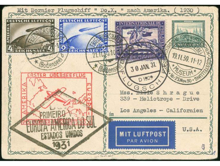 1930, Amerikaflug 8 Pf. auffrankierte GA-Karte ab Altona 19.11.30 mit Ausstellungs-SST und Vignette, via F'hafen 21.11.30 mit