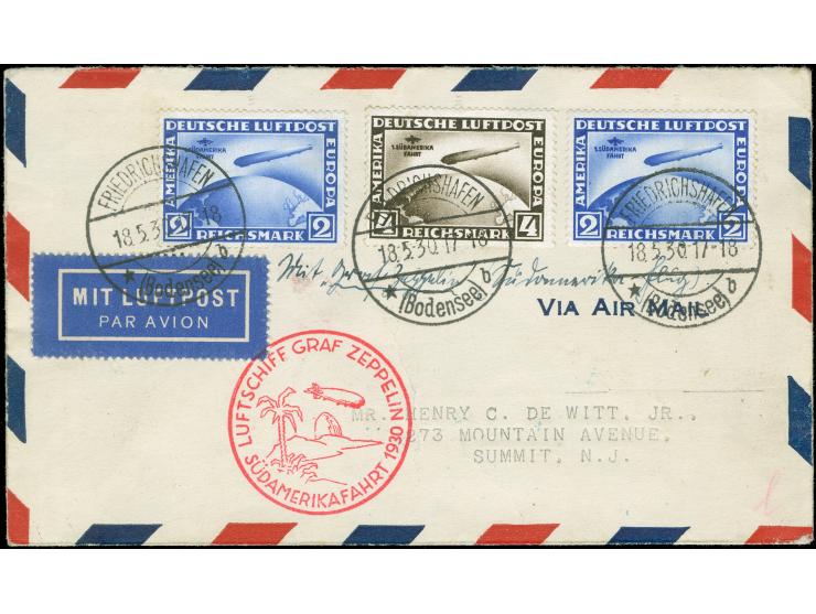 1930, Südamerikafahrt 2 M. zwei Einzelwerte und 4 M. je mit Stempel "FRIEDRICHSHAFEN 18.5.30" auf entsprechendem Zeppelinbrie
