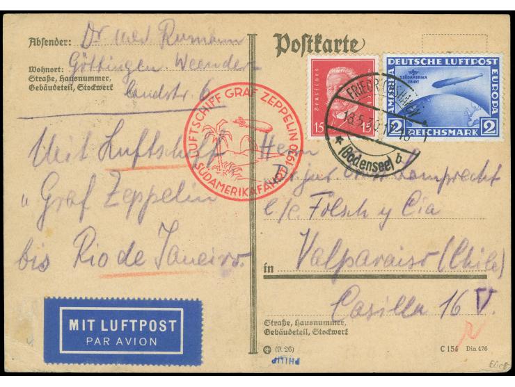 1930, Südamerikafahrt 2 M. auf Bedarfskarte mit Text gestempelt "FRIEDRICHSHAFEN 18.5.30" Graf Zeppelin bis Rio, adressiert n