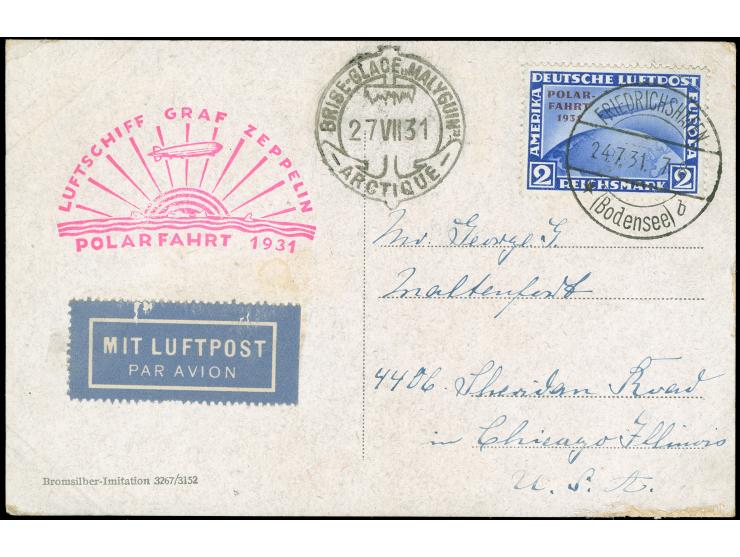 1931, Polarfahrt 2 M. mit Stempel "FRIEDRICHSHAFEN 24.7." als portogerechte Einzelfrankatur auf Postkarte über Malygin nach C