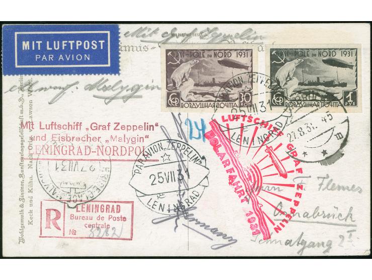 1931, Polarfahrt UdSSR, eingeschriebene Karte ab LENINGRAD 25.7. mit dreizeiligem Leitstempel LENINGRAD-NORDPOL bis Malygin m