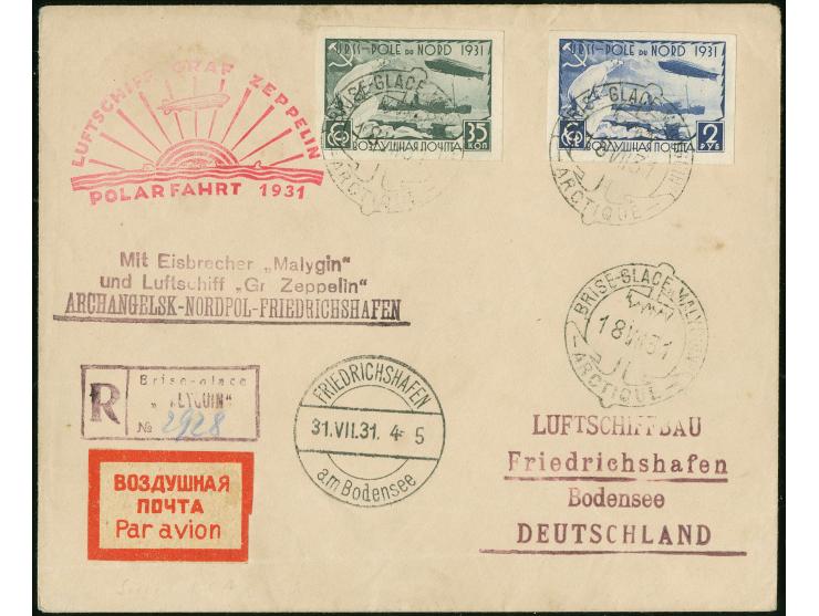 1931, Polar Flight, Malyguin to Friedrichshafen, registered cover &amp; postcard, former with 35 k. and 2 r. tied by ´BRISE-G