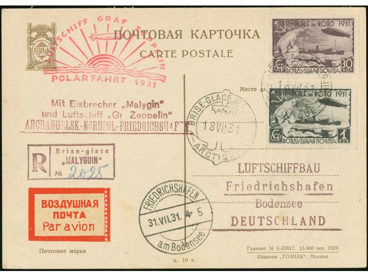 1931, Polar Flight, Malyguin to Friedrichshafen, registered cover &amp; postcard, former with 35 k. and 2 r. tied by ´BRISE-G
