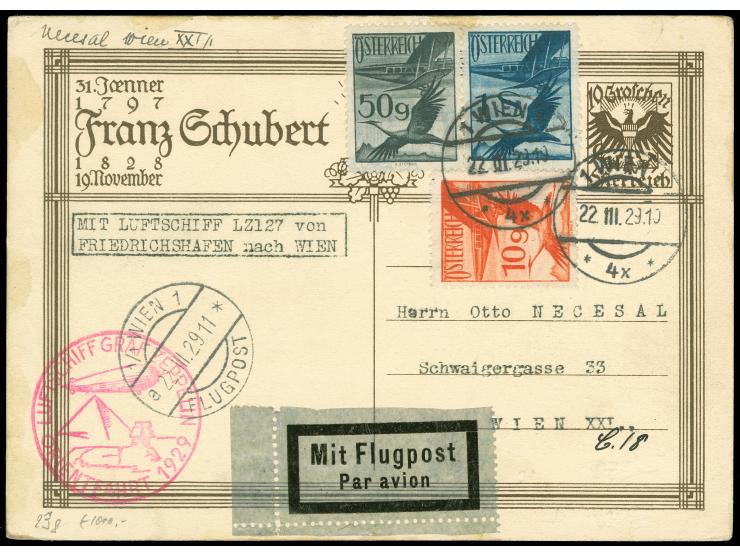 ÖSTERREICH : Orientfahrt 1929, Schubert-Ganzsache mit Zusatzfrankatur ab Wien 22.3.1929, Karte etwas unsauber
