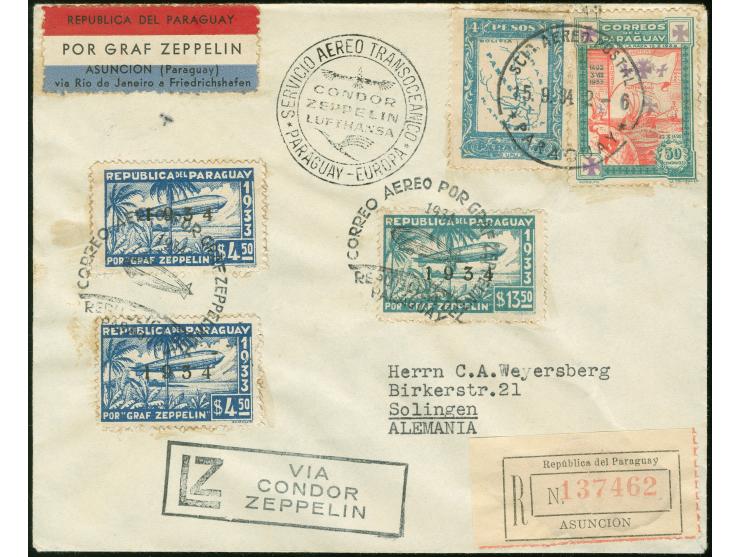 Paraguayische Post: 8. Südamerikafahrt 1934, R-Brief ab Asuncion 15.9. mit 2x 4,50 p. sowie 13,50 p. Zeppelin "1934" in bunte