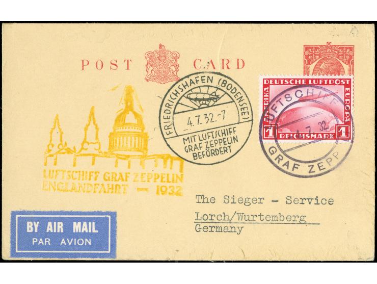 Englandfahrt 1932: 1 p. GA-Karte als Bordpost der Rückfahrt 4.7. mit Zeppelin 1 Mk. bis F'hafen, alle Stempel anschriftseitig