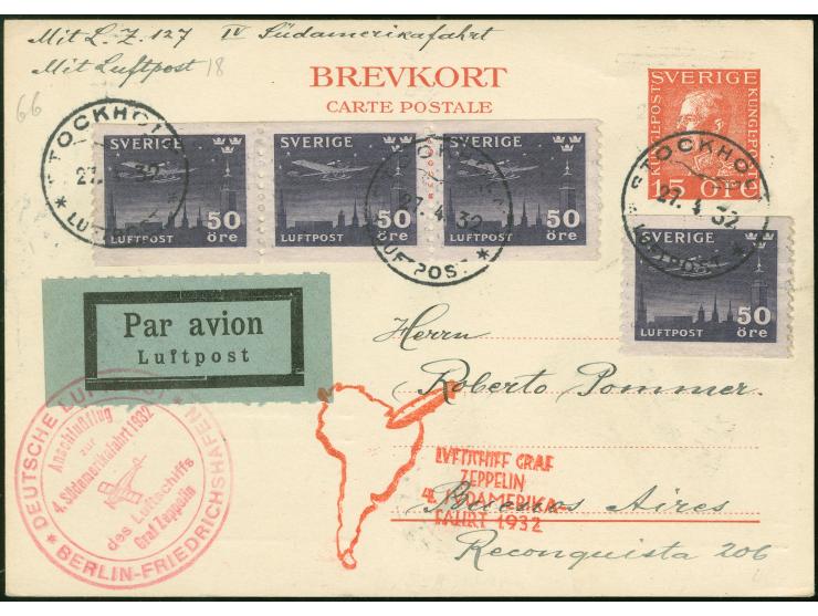 Schwedische Post: 4. Südamerikafahrt 1932, 15 ö. Ganzsachenkarte ab Stockholm 27.4. mit 4 x 50 ö., nach Berlin mit Bahnpost u