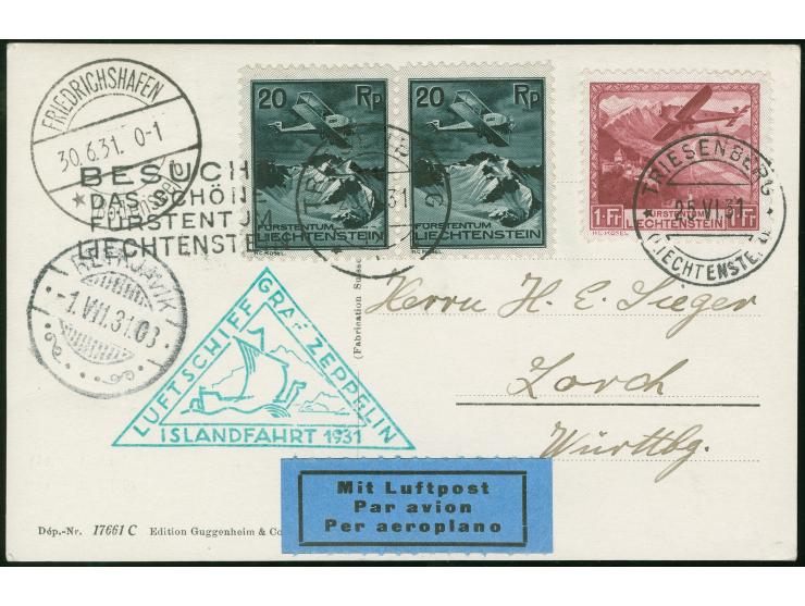 Liechtensteinische Post: Islandfahrt 1931, Fotokarte mit wertvoller Frankatur ab Triesenberg 23.6.31 via Friedrichshafen 30.6