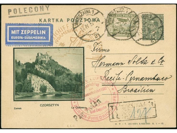 POLEN: 3. Südamerikafahrt 1932 Eingeschriebene 15 Gr. Ganzsachen-Postkarte mit vorder und rücks. Zusatzfrankatur ab Warschau 