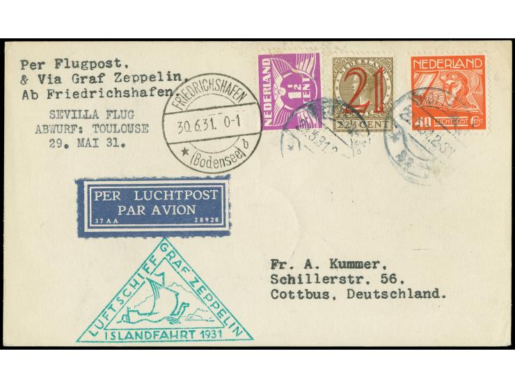 NIEDERLANDE: Islandfahrt 1931, Brief ab Rotterdam 23.5.31 via Friedrichshafen 30.6. nach Reykjavik 1.7., adressiert nach Cott