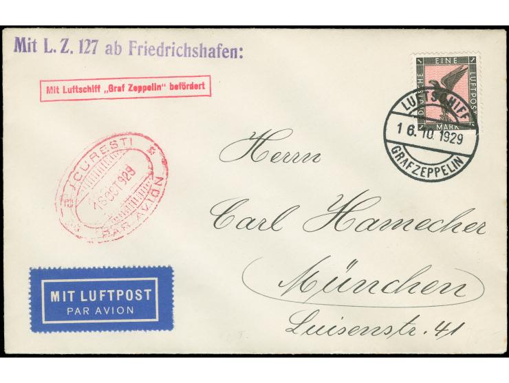 Balkanfahrt 1929, Abwurf Bukarest, Bordpost 16.10., Brief mit 1 Mk Flugpost, Ak.-Oval-K2 entwertet, Bordstempel 16.10. vs., s