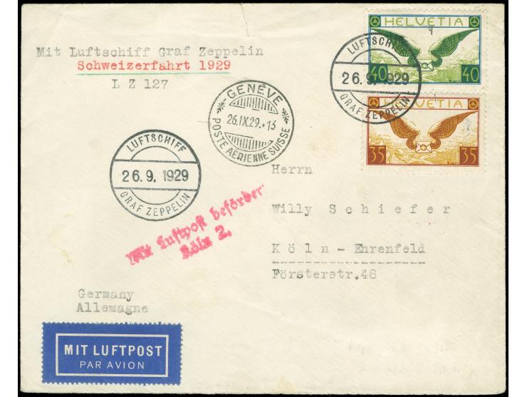 Schweizfahrt 1929, Abwurf Genf, Bordpost 26.9., Brief mit 75 rp. Flugpost, Bordstempel 16.10. vs., Luftpost Köln 2 in rot, le