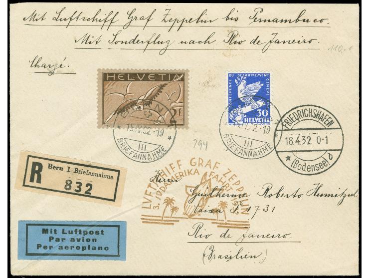 SCHWEIZ : 1932, 3. Südamerikafahrt, Zuleitungspost R-Brief mit Flugpost-Frankatur von BERN 15.4.32 via Friedrichshafen 18.4. 