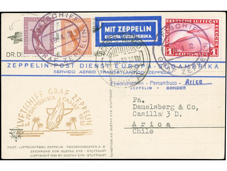 1932, 3. Südamerikafahrt Bordpost 19.4.32, Eckener-Karte mit 1 RM Zeppelin und Zusatzfrankatur, bis Arica/Chile
